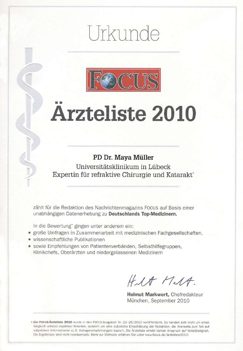 Urkunde für PD Dr. Maya Müller, Augenklinik Lübeck